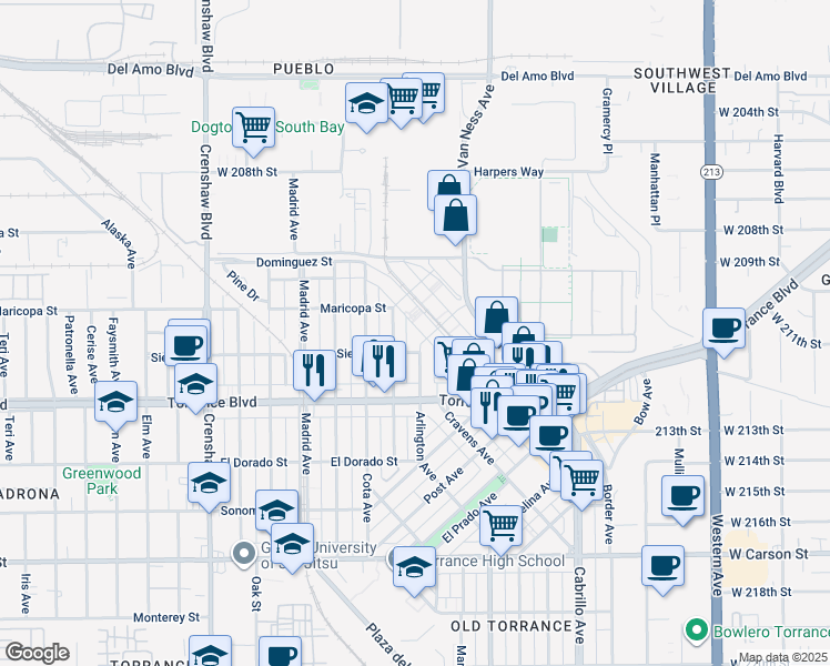 map of restaurants, bars, coffee shops, grocery stores, and more near 908 Arlington Avenue in Torrance