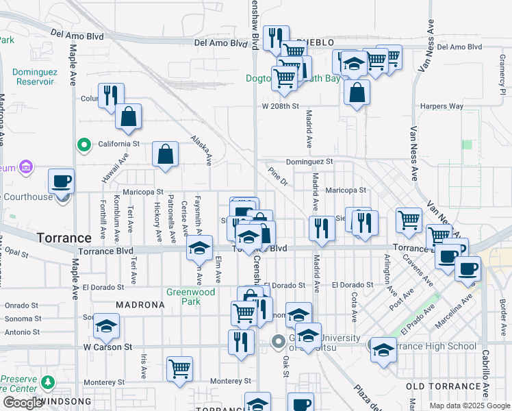 map of restaurants, bars, coffee shops, grocery stores, and more near 2504 Lesserman Street in Torrance