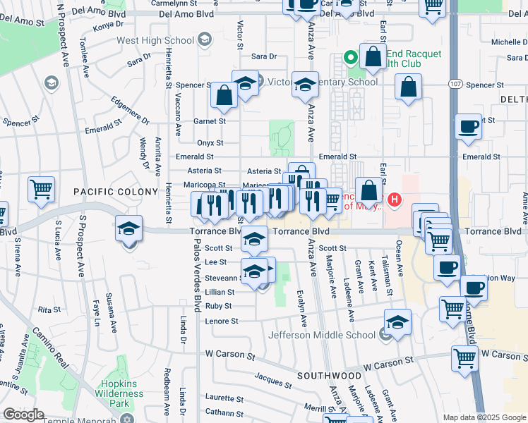 map of restaurants, bars, coffee shops, grocery stores, and more near 21104 Donora Avenue in Torrance