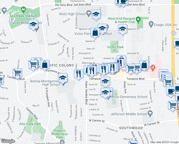 map of restaurants, bars, coffee shops, grocery stores, and more near 21104 Wood Avenue in Torrance