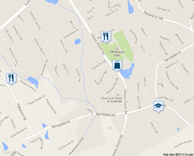 map of restaurants, bars, coffee shops, grocery stores, and more near 2170 Kings Gate Circle Southwest in Snellville