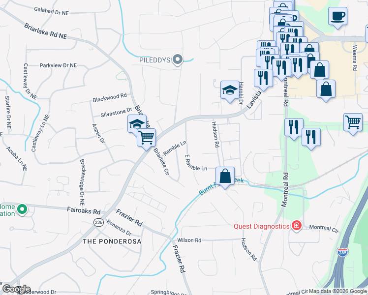 map of restaurants, bars, coffee shops, grocery stores, and more near 3009 Ramble Lane in Decatur