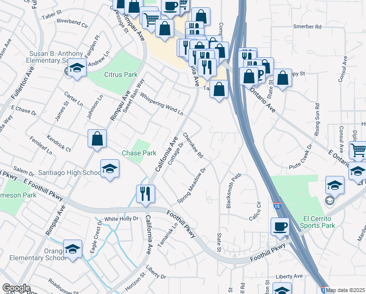 map of restaurants, bars, coffee shops, grocery stores, and more near 2637 Cottage Drive in Corona