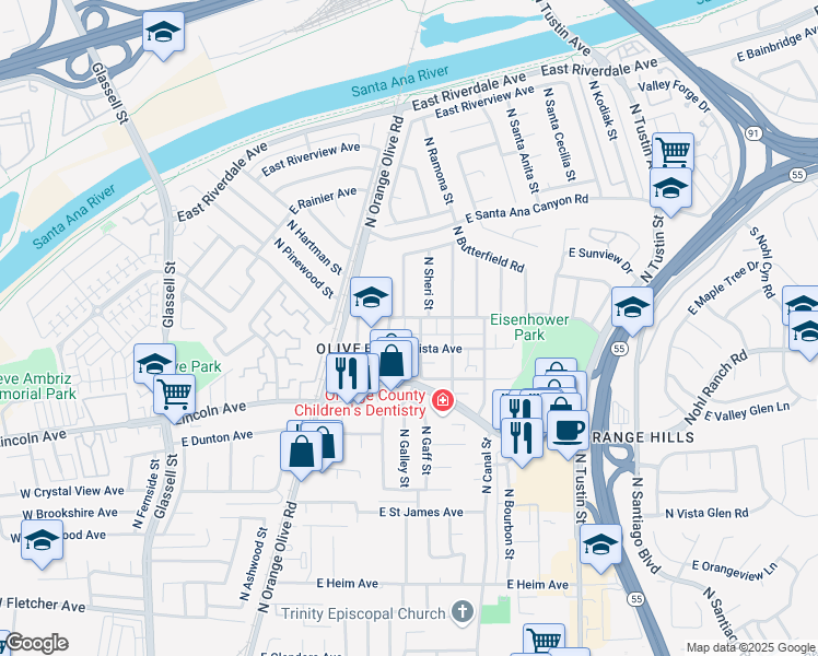 map of restaurants, bars, coffee shops, grocery stores, and more near 2974 Orange Avenue in Orange