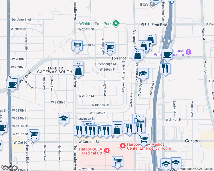 map of restaurants, bars, coffee shops, grocery stores, and more near 21024 South Royal Boulevard in Torrance