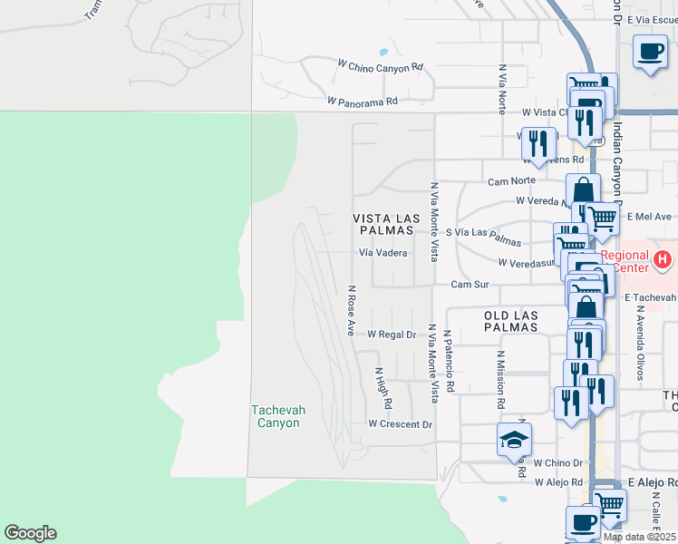 map of restaurants, bars, coffee shops, grocery stores, and more near 1176 Los Robles Drive in Palm Springs