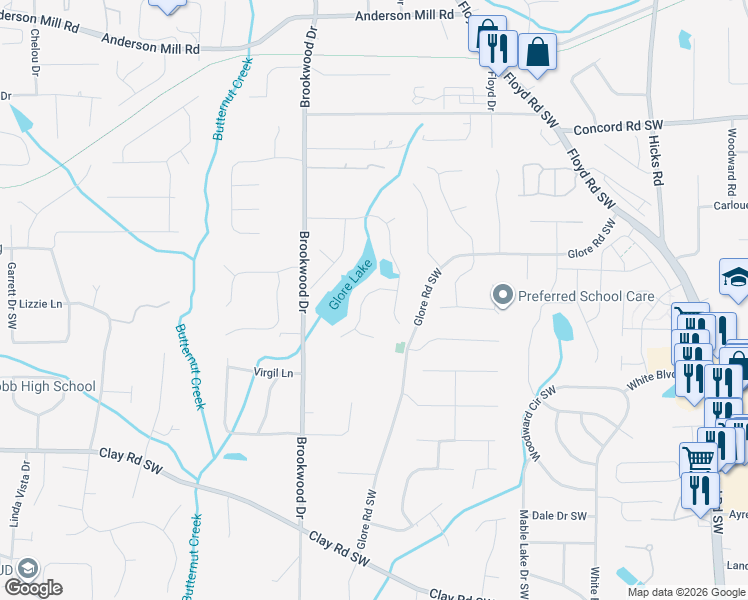 map of restaurants, bars, coffee shops, grocery stores, and more near 4709 Heritage Mist Trail in Mableton