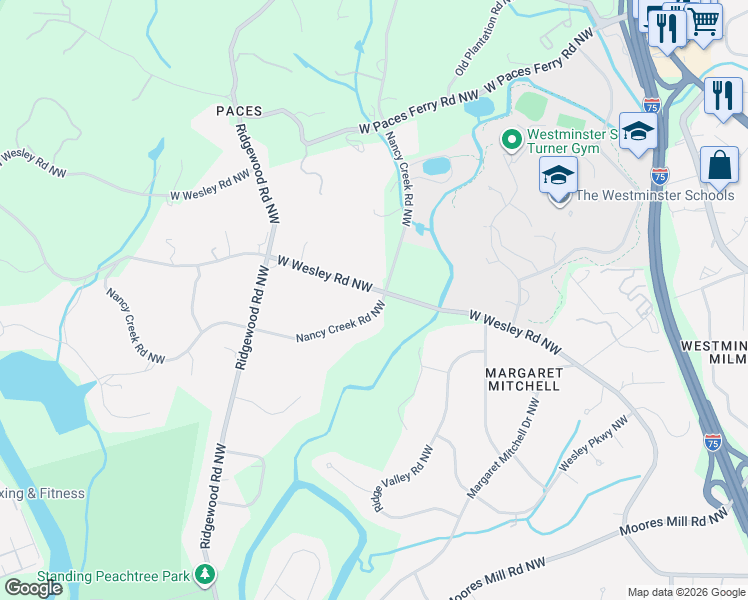 map of restaurants, bars, coffee shops, grocery stores, and more near 1676 West Wesley Road Northwest in Atlanta