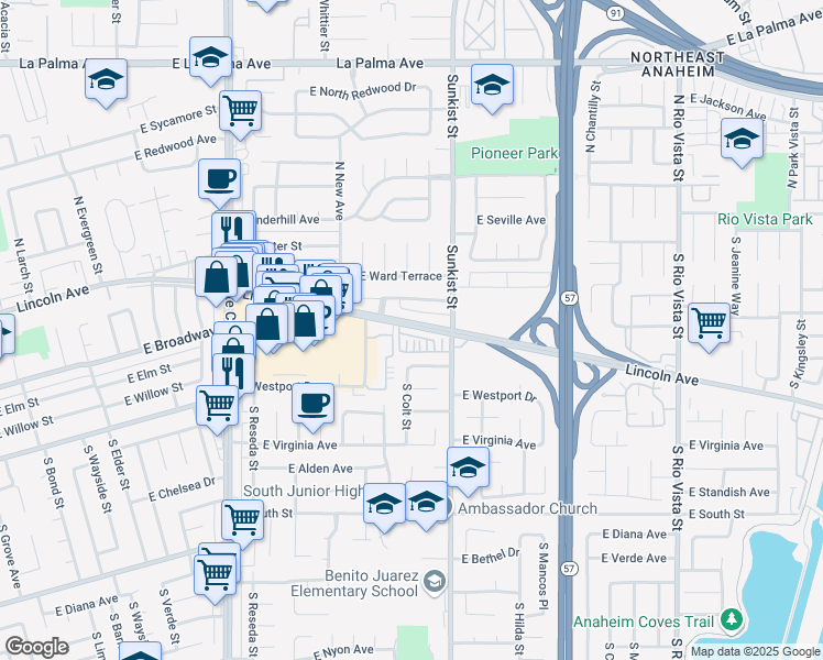 map of restaurants, bars, coffee shops, grocery stores, and more near 2424 East Lincoln Avenue in Anaheim