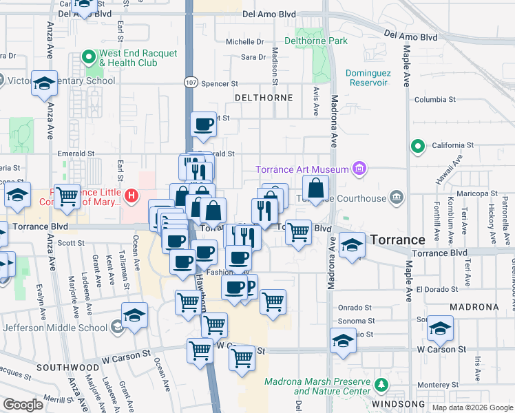 map of restaurants, bars, coffee shops, grocery stores, and more near 21107 Amie Avenue in Torrance