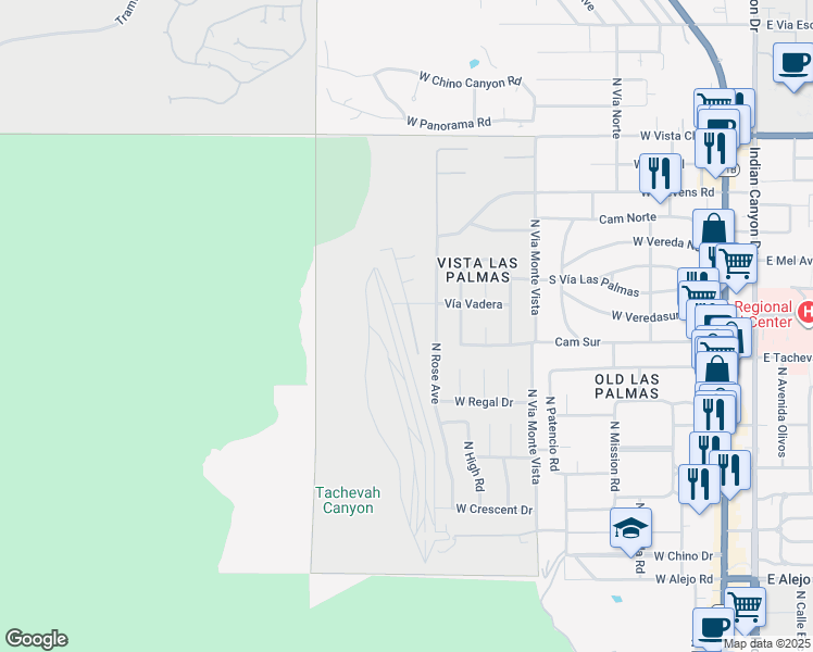 map of restaurants, bars, coffee shops, grocery stores, and more near 1176 Los Robles Drive in Palm Springs
