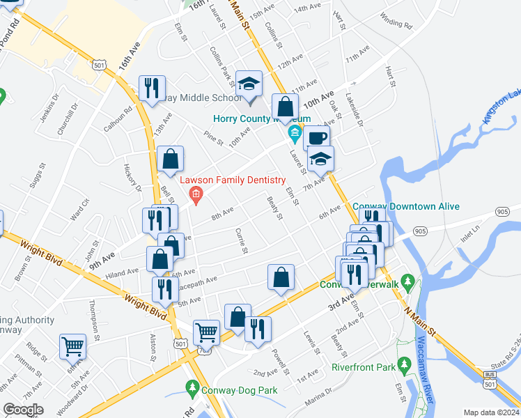 map of restaurants, bars, coffee shops, grocery stores, and more near 1306 7th Avenue in Conway
