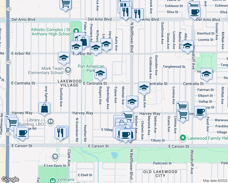 map of restaurants, bars, coffee shops, grocery stores, and more near 4427 Tulane Avenue in Long Beach