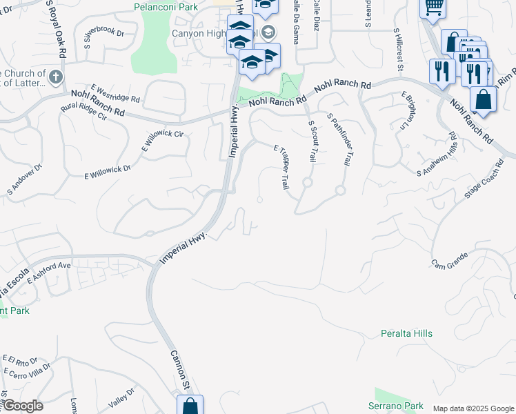 map of restaurants, bars, coffee shops, grocery stores, and more near 695 South Frontier Court in Anaheim