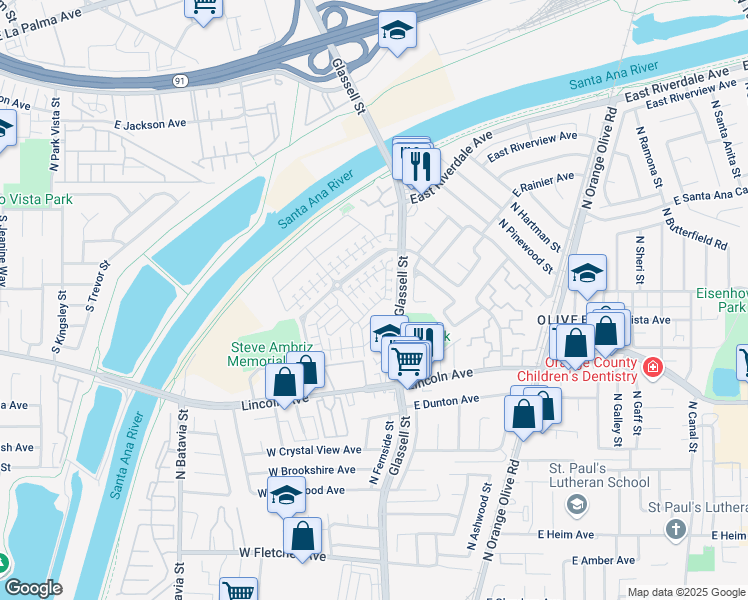map of restaurants, bars, coffee shops, grocery stores, and more near 227 West Cork Tree Drive in Orange