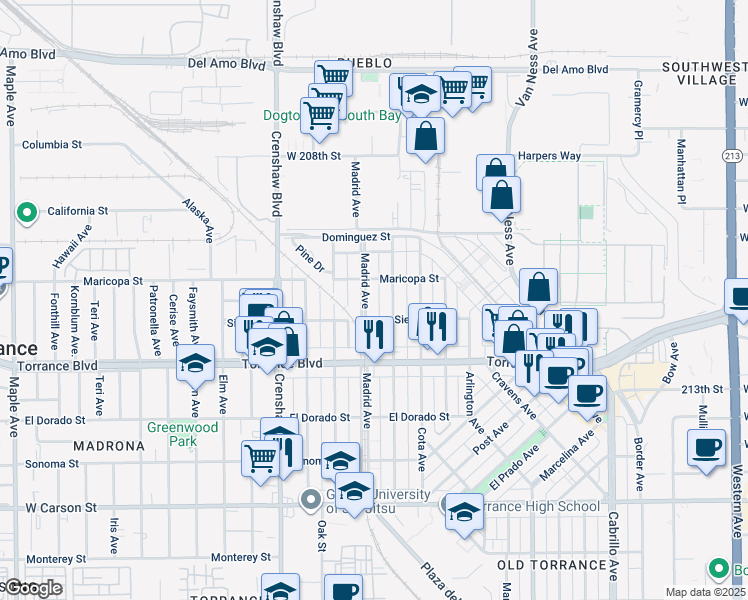 map of restaurants, bars, coffee shops, grocery stores, and more near 824 Madrid Avenue in Torrance