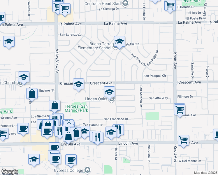 map of restaurants, bars, coffee shops, grocery stores, and more near 6430 Crescent Avenue in Buena Park