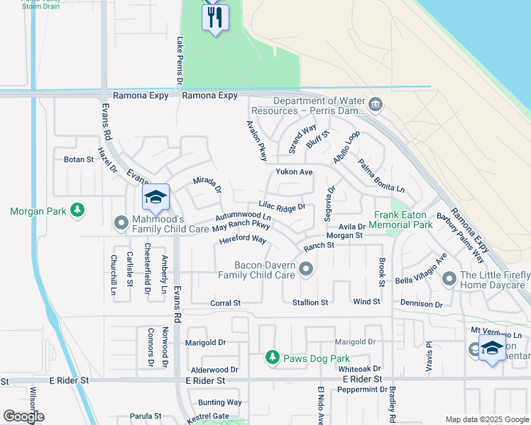 map of restaurants, bars, coffee shops, grocery stores, and more near 1234 Autumnwood Lane in Perris