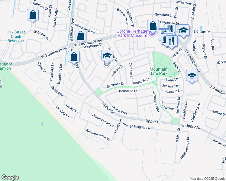 map of restaurants, bars, coffee shops, grocery stores, and more near 795 Donatello Drive in Corona
