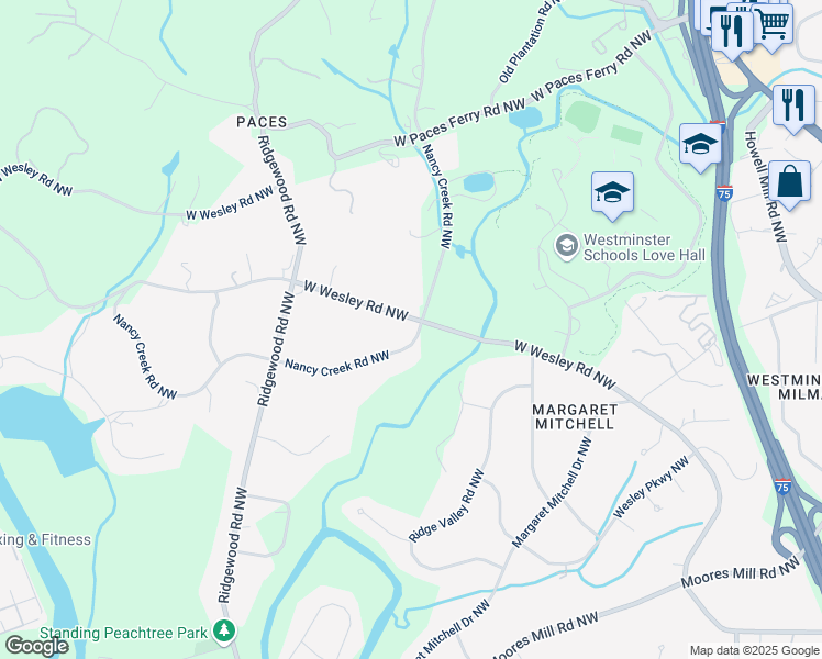 map of restaurants, bars, coffee shops, grocery stores, and more near 1664 West Wesley Road Northwest in Atlanta