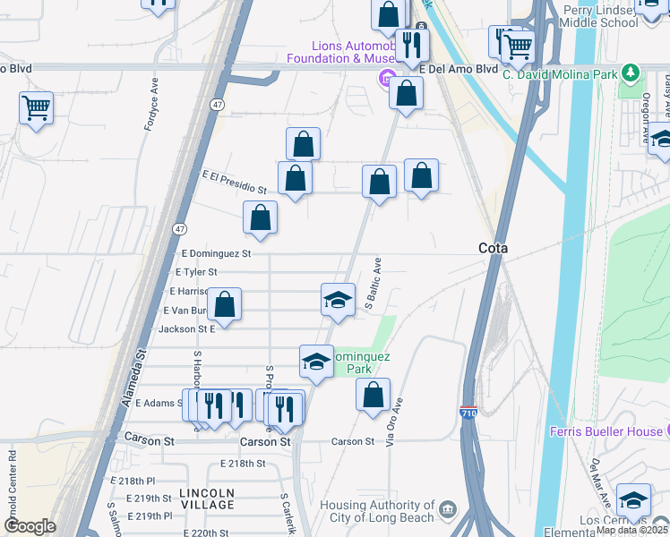 map of restaurants, bars, coffee shops, grocery stores, and more near 2775 East Tyler Street in Long Beach