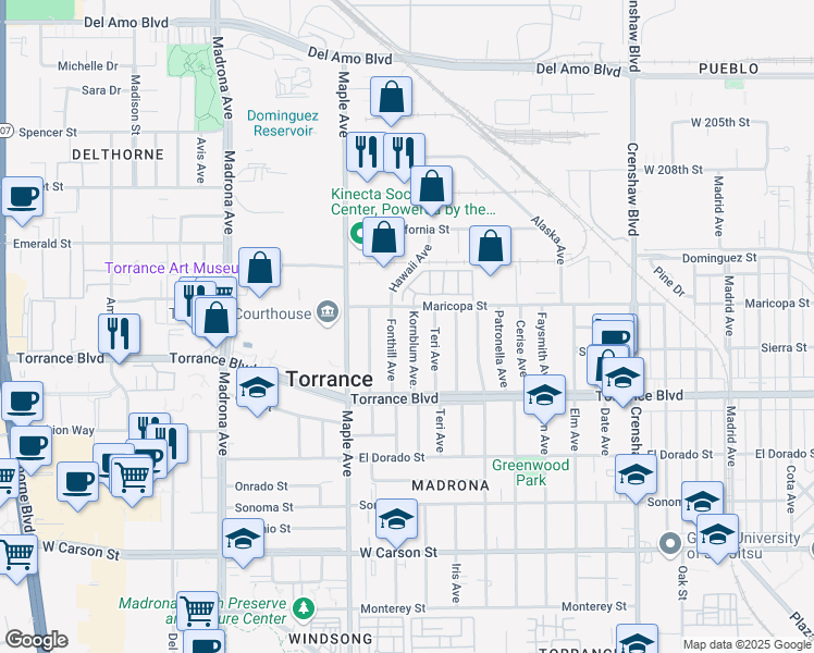 map of restaurants, bars, coffee shops, grocery stores, and more near 821 Kornblum Avenue in Torrance