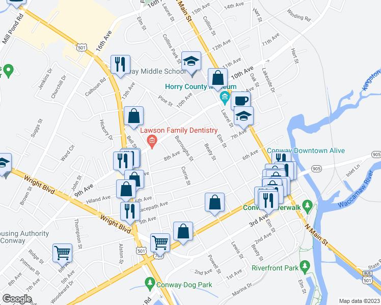 map of restaurants, bars, coffee shops, grocery stores, and more near 704 Burroughs Street in Conway
