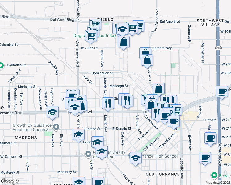 map of restaurants, bars, coffee shops, grocery stores, and more near 824 Amapola Avenue in Torrance