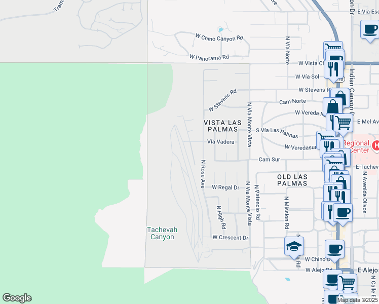 map of restaurants, bars, coffee shops, grocery stores, and more near 1175 Los Robles Drive in Palm Springs