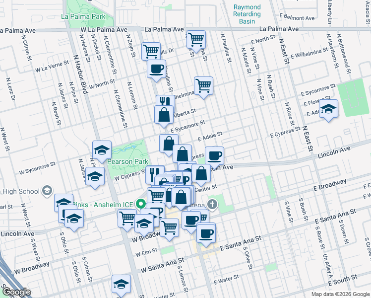 map of restaurants, bars, coffee shops, grocery stores, and more near 318 North Claudina Street in Anaheim