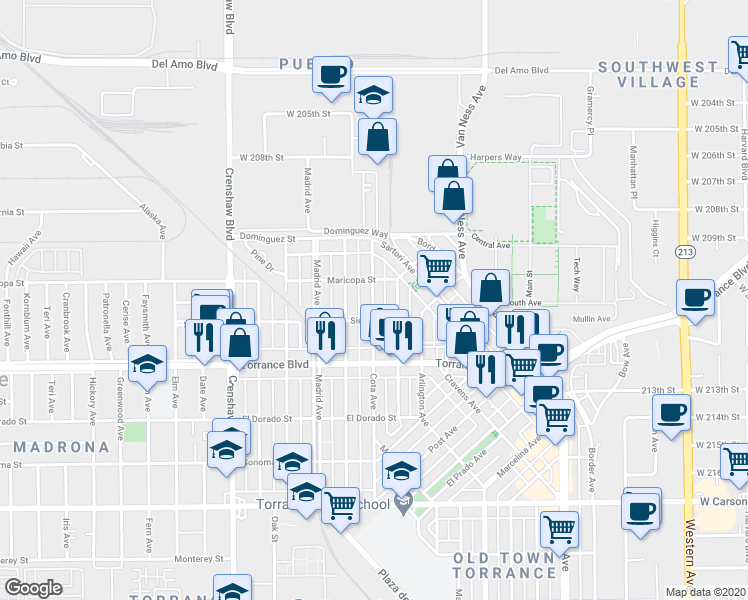 map of restaurants, bars, coffee shops, grocery stores, and more near 828 Cota Avenue in Torrance