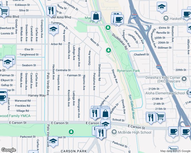 map of restaurants, bars, coffee shops, grocery stores, and more near 4432 Petaluma Avenue in Lakewood