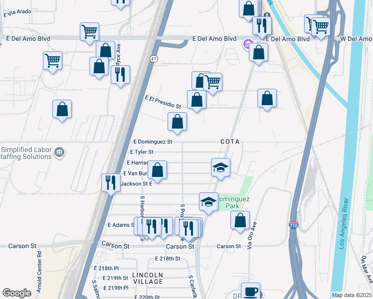 map of restaurants, bars, coffee shops, grocery stores, and more near 2707 East Tyler Street in Carson