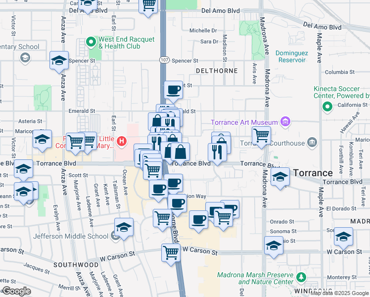 map of restaurants, bars, coffee shops, grocery stores, and more near 3701 Torrance Boulevard in Torrance