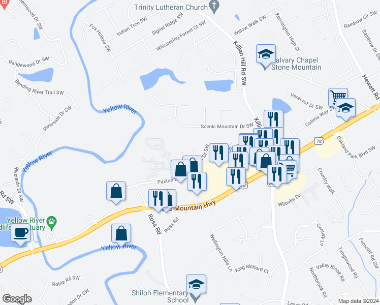 map of restaurants, bars, coffee shops, grocery stores, and more near 1931 Paxton Ridge Court in Lilburn