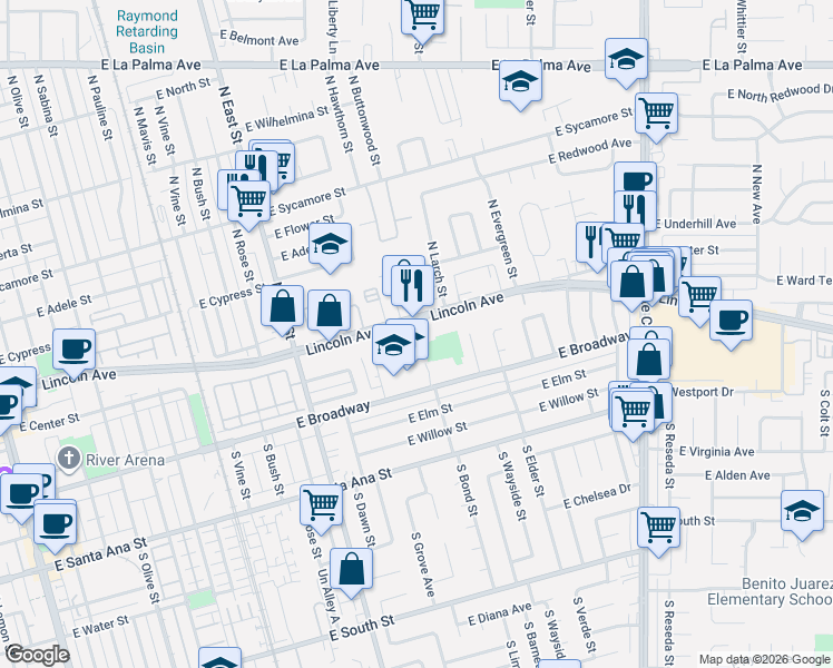 map of restaurants, bars, coffee shops, grocery stores, and more near 1418 E Lincoln Ave in Anaheim