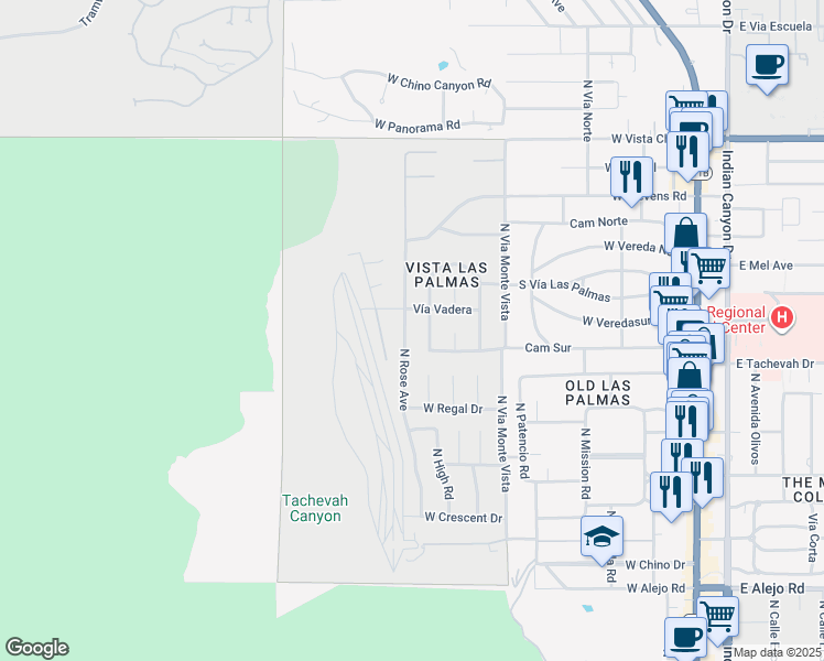map of restaurants, bars, coffee shops, grocery stores, and more near 1148 North Rose Avenue in Palm Springs