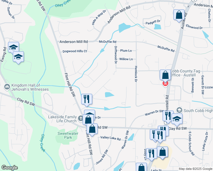 map of restaurants, bars, coffee shops, grocery stores, and more near 2274 Andy Lane in Austell