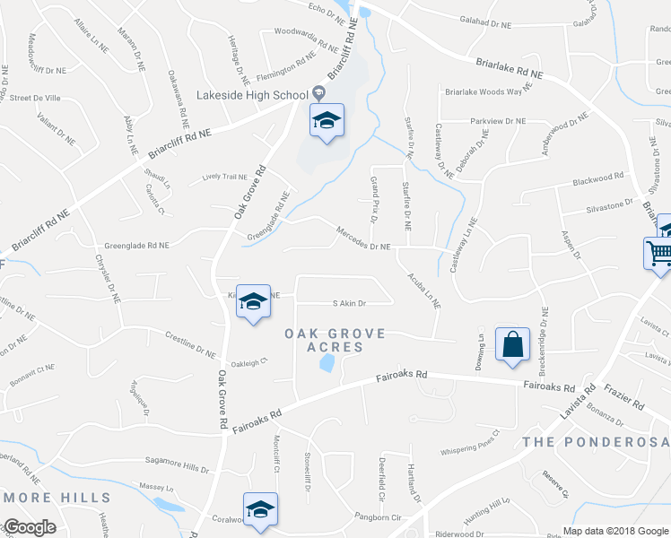 map of restaurants, bars, coffee shops, grocery stores, and more near 1942 North Akin Drive Northeast in Atlanta