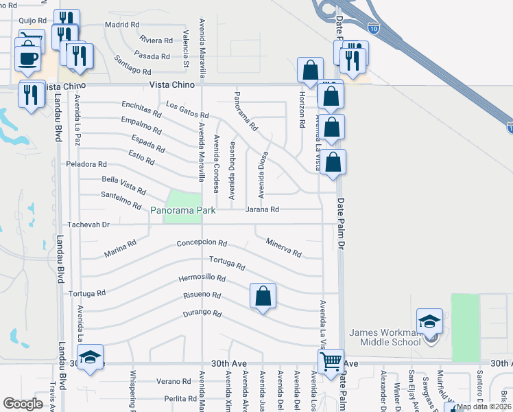 map of restaurants, bars, coffee shops, grocery stores, and more near 28851 Avenida Diosa in Cathedral City