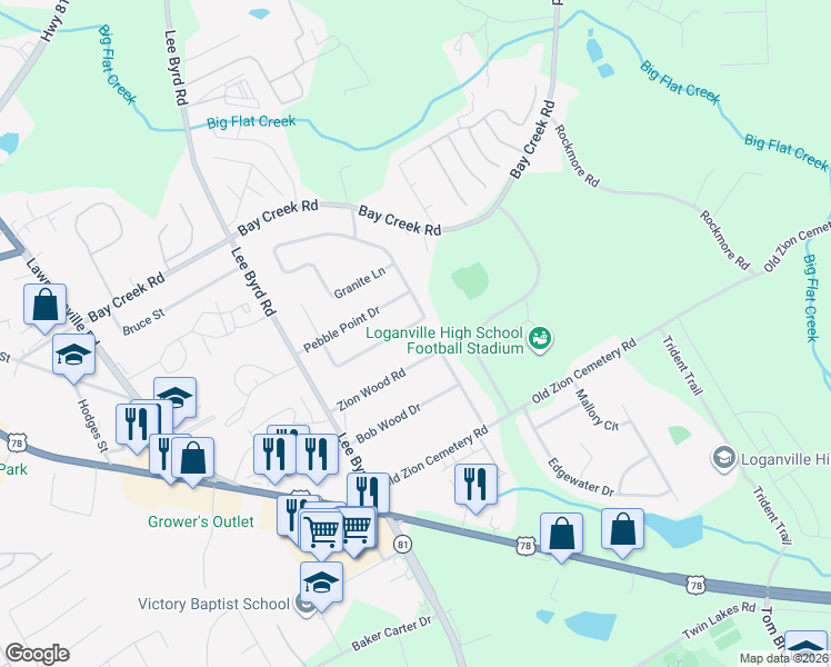 map of restaurants, bars, coffee shops, grocery stores, and more near 637 Granite Lane in Loganville