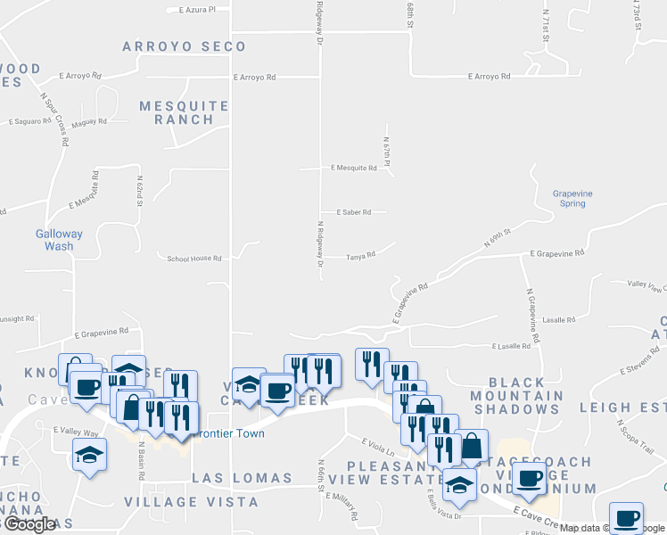 map of restaurants, bars, coffee shops, grocery stores, and more near 6611 Tanya Road in Cave Creek