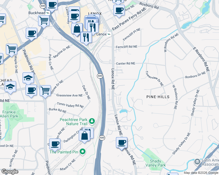 map of restaurants, bars, coffee shops, grocery stores, and more near 3066 Stone Gate Drive Northeast in Atlanta