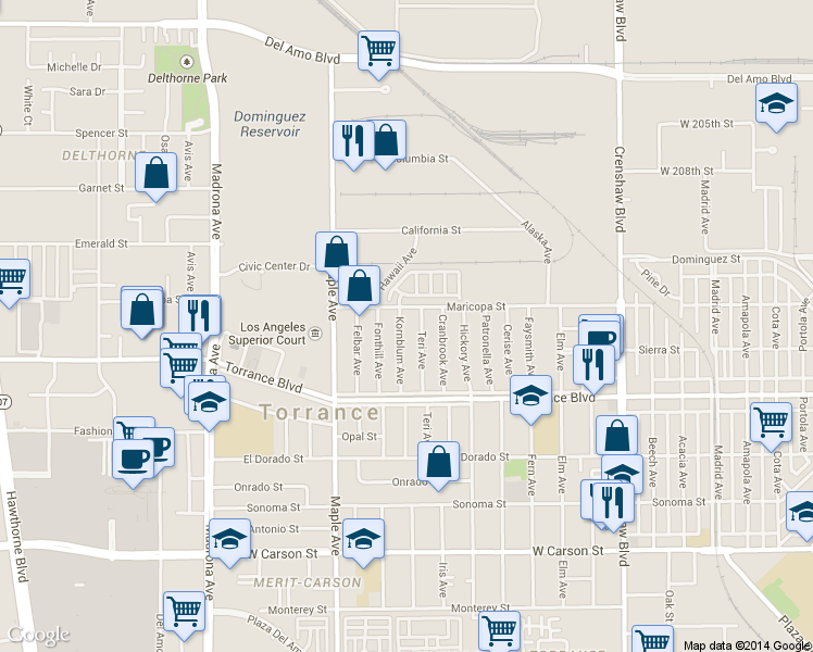 map of restaurants, bars, coffee shops, grocery stores, and more near 820 Kornblum Avenue in Torrance