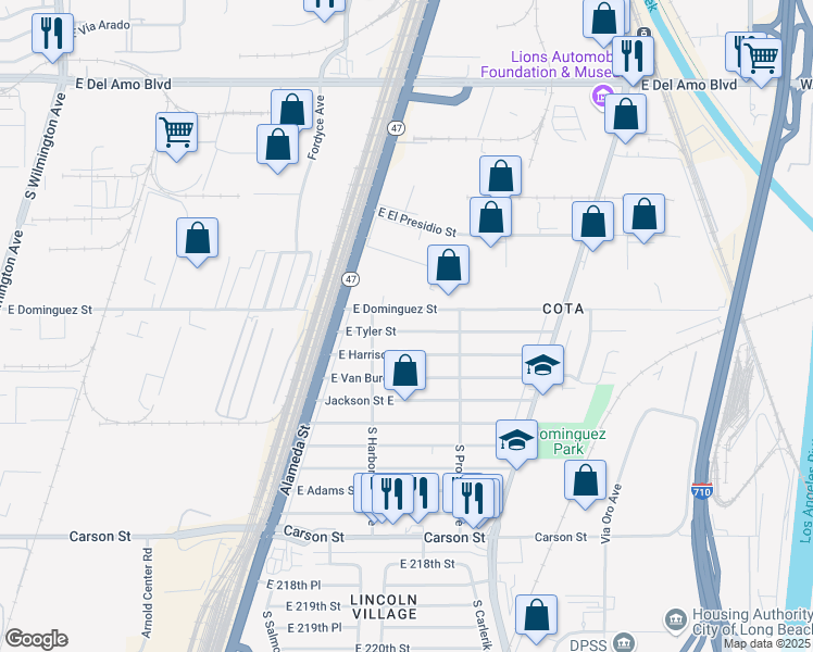 map of restaurants, bars, coffee shops, grocery stores, and more near 2631 East Tyler Street in Carson