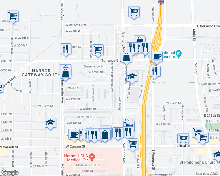 map of restaurants, bars, coffee shops, grocery stores, and more near 21009 New Hampshire Avenue in Torrance