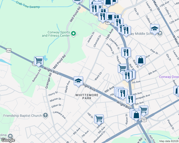 map of restaurants, bars, coffee shops, grocery stores, and more near 1511 Dewitt Avenue in Conway