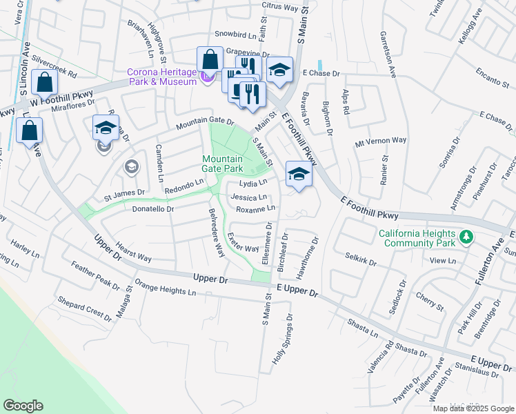 map of restaurants, bars, coffee shops, grocery stores, and more near 195 Roxanne Lane in Corona