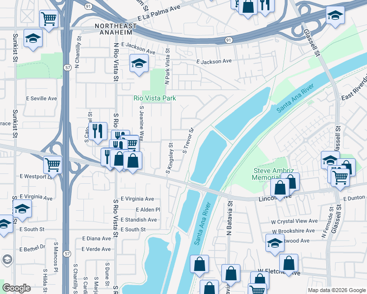 map of restaurants, bars, coffee shops, grocery stores, and more near 200 South Trevor Street in Anaheim