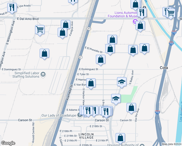 map of restaurants, bars, coffee shops, grocery stores, and more near 2631 East Tyler Street in Carson